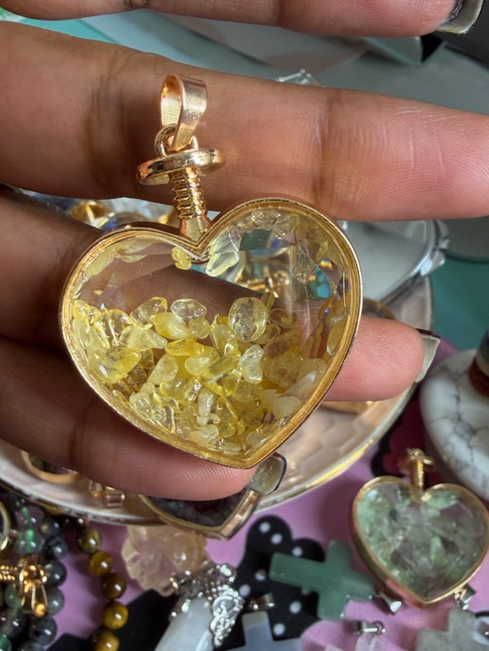 Gold Heart Pendant Necklace with citrine Gem Chips